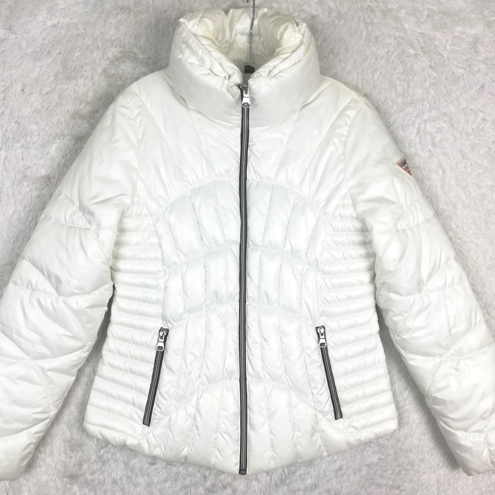 Guess Jacket Womens Puffer‎ Coat White Zip Up Cozy Warm Hip Length M